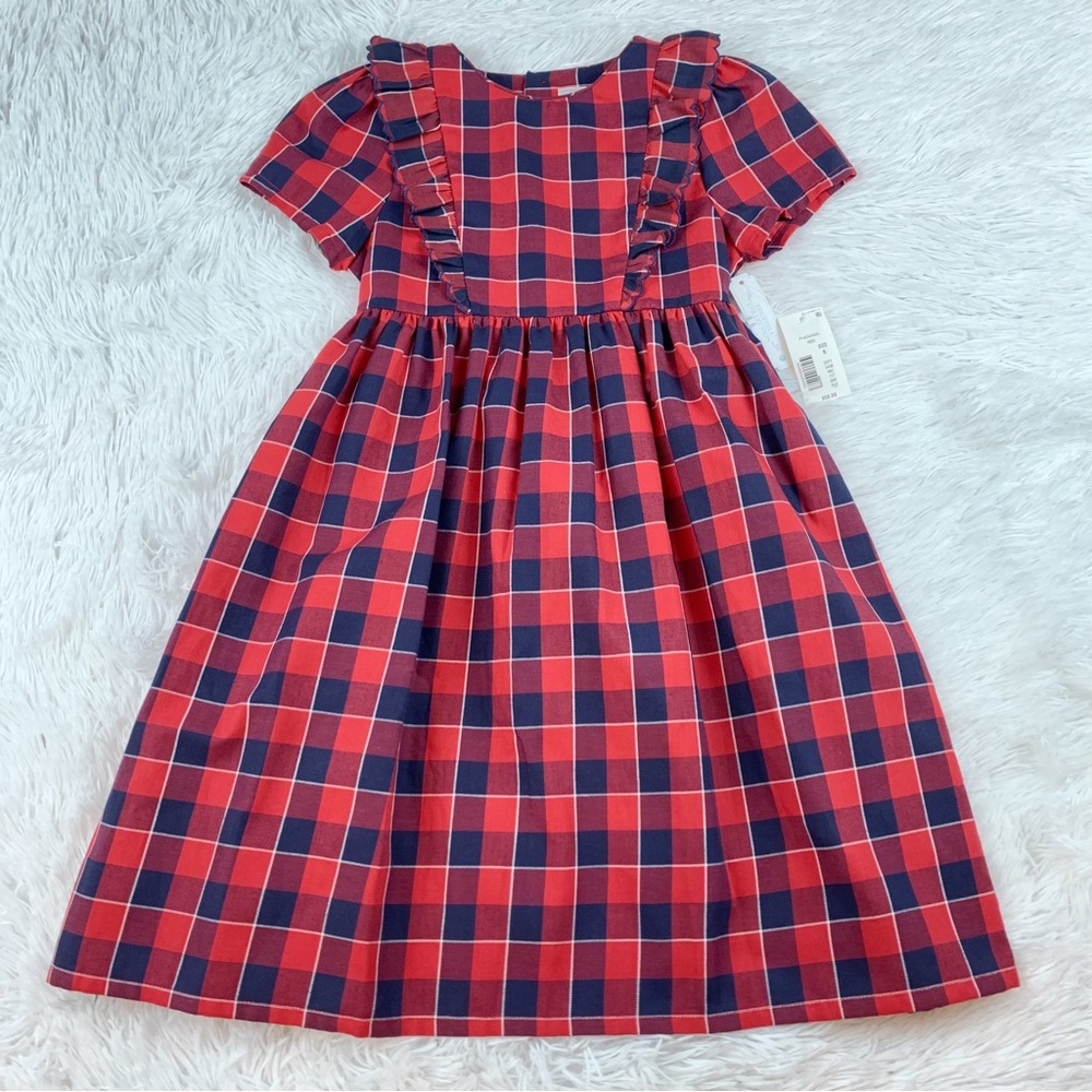 EdgeHill collection girl's short sleeve ruffle‎ plaid dress tie waist red